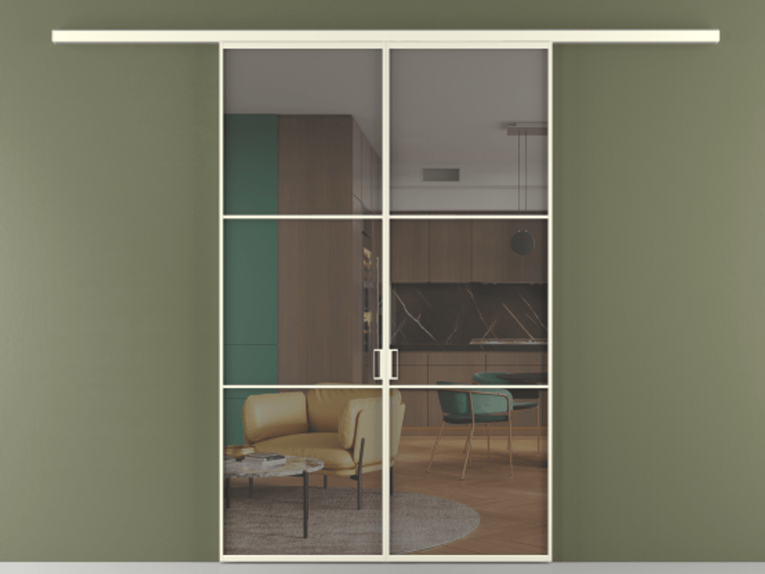 Перегородка Formato вдоль стены 2 створки АЛПР 040.03 Алюминий молочно-белый Прозрачное серое стекло, триплекс Цена 1571350 AMD | Volhovec