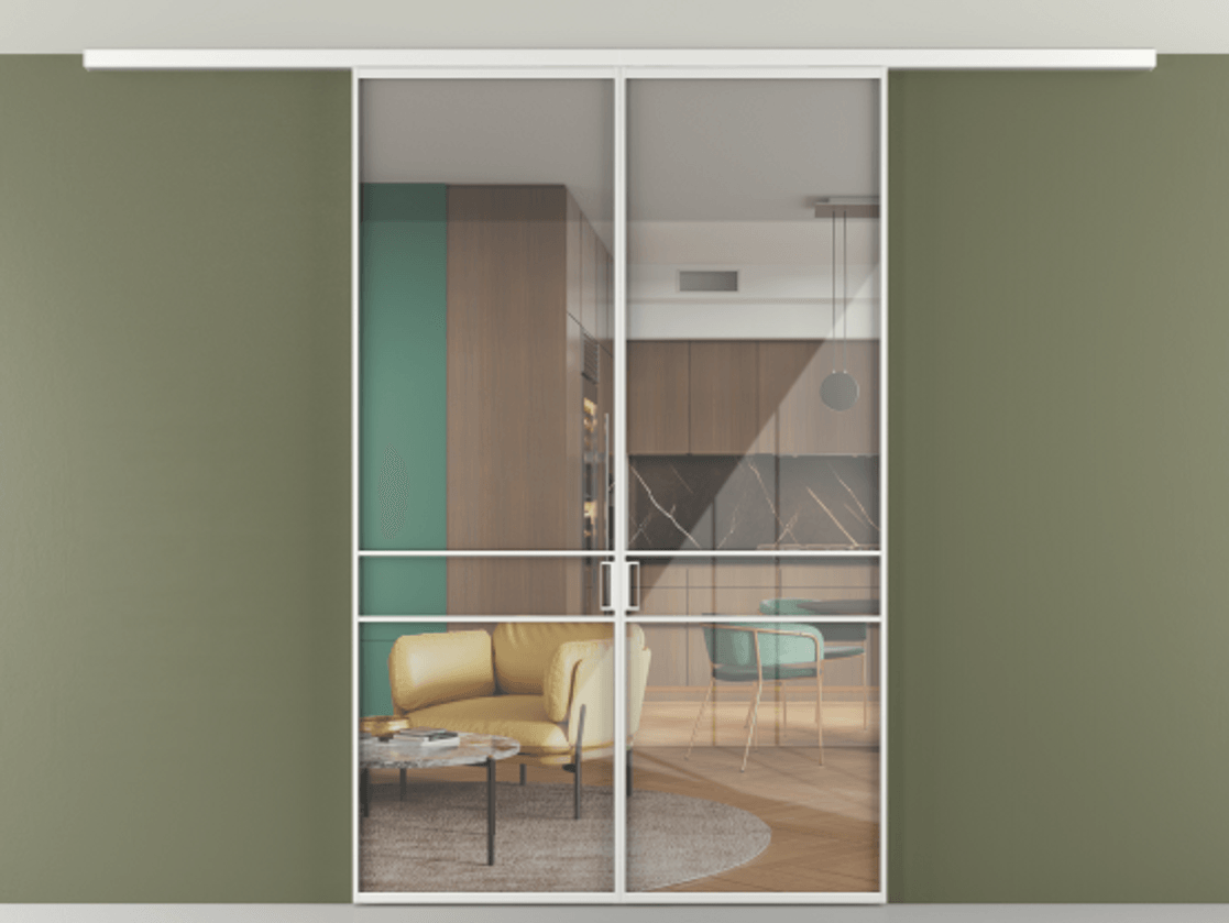 Перегородка Формато вдоль стены на потолок 2 створки АЛПР 040.02 Алюминий белоснежный Рефлективное прозрачное стекло "Стопсол", калёное Цена 1400570 AMD | Volhovec