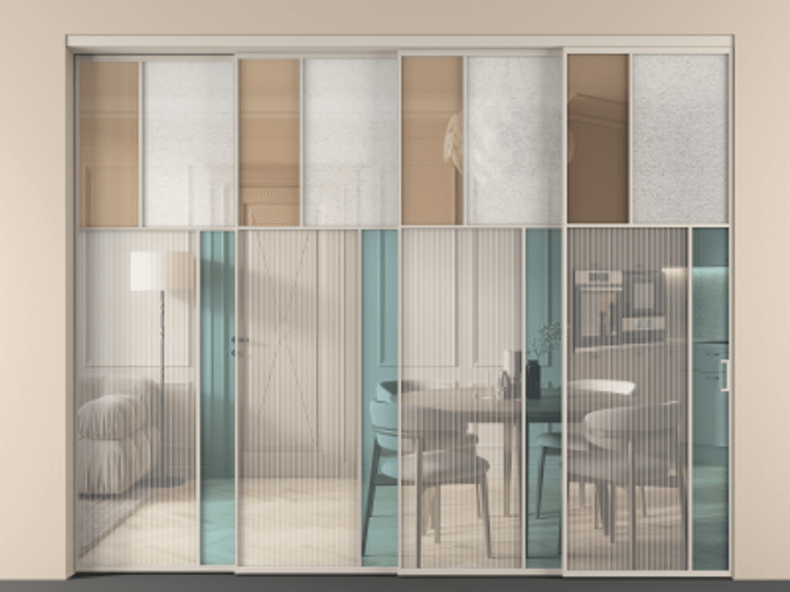 Перегородка Мозаик внутри проёма 4 створки с синхронным механизмом АЛПР 041.23 Алюминий светло-бежевый Комбинация стекол Группы 1 и Группы 3. Цена 4124100 AMD . Фабрика дверей Волховец 8 (800) 551 43 19 Перегородка Мозаик внутри проёма 4 створки с синхронным механизмом АЛПР 041.23 Алюминий светло-бежевый Комбинация стекол Группы 1 и Группы 3 Цена 4124100 AMD | Volhovec