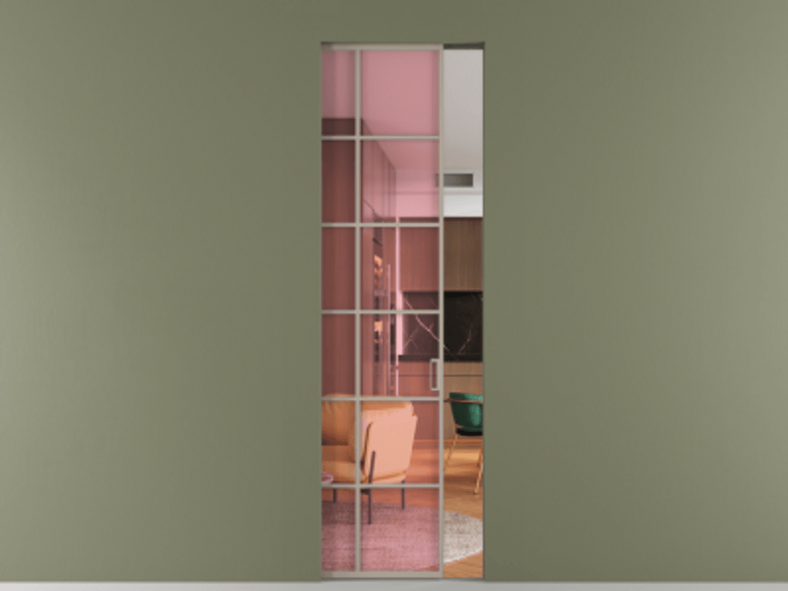 Перегородка Formato скрытый пенал 1 створка АЛПР 040.05 Алюминий бисквитный Прозрачное розовое стекло, триплекс Цена 1201800 AMD | Volhovec