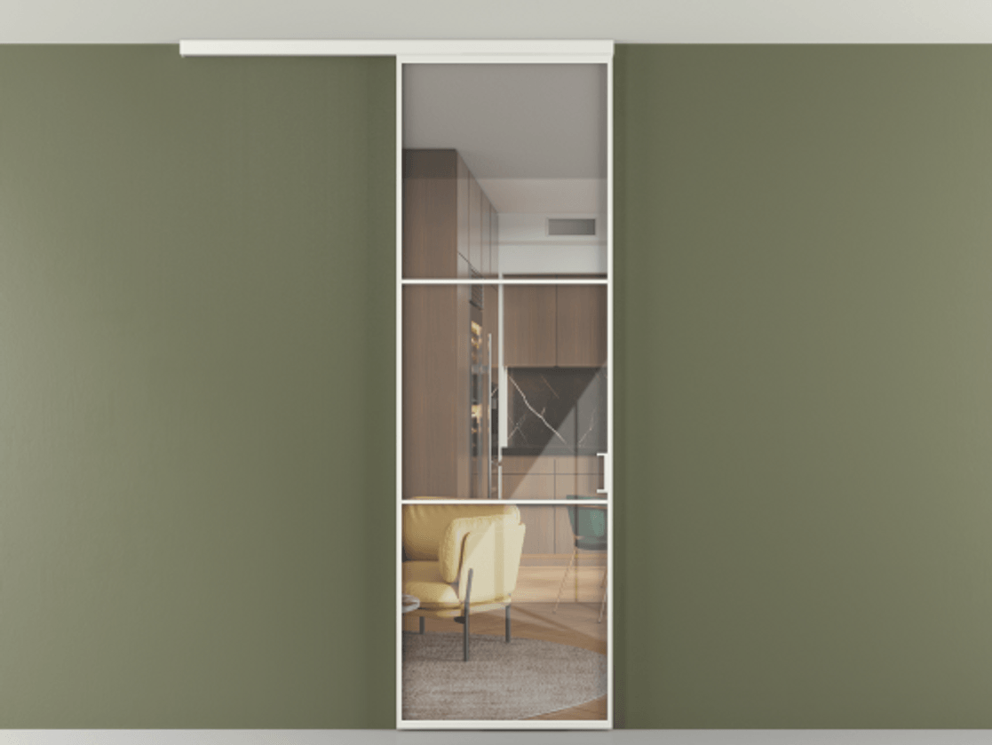 Перегородка Формато вдоль стены на потолок 1 створка АЛПР 040.03 Алюминий светло-серый Рефлективное прозрачное стекло "Стопсол", калёное Цена 150610 ₽ | Volhovec