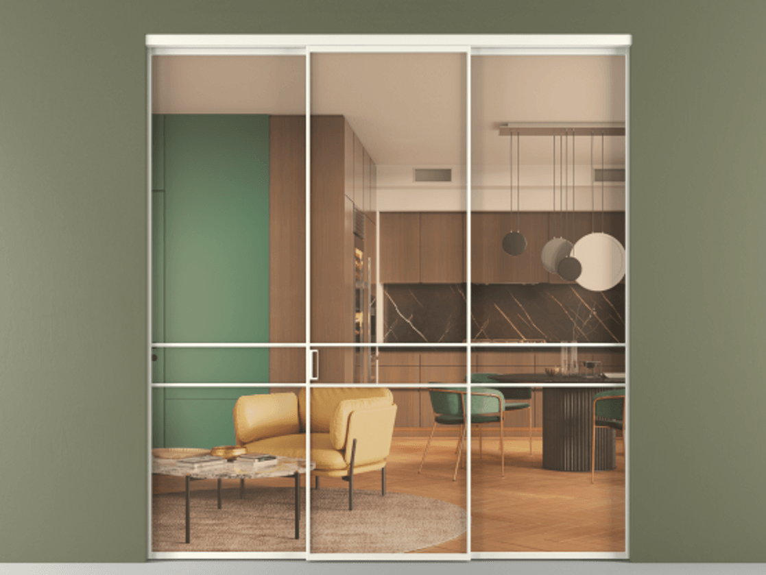 Перегородка Формато внутри проёма 3 створки АЛПР 040.02 Алюминий жемчужный Прозрачное оранжевое стекло, триплекс Цена 1600200 AMD | Volhovec