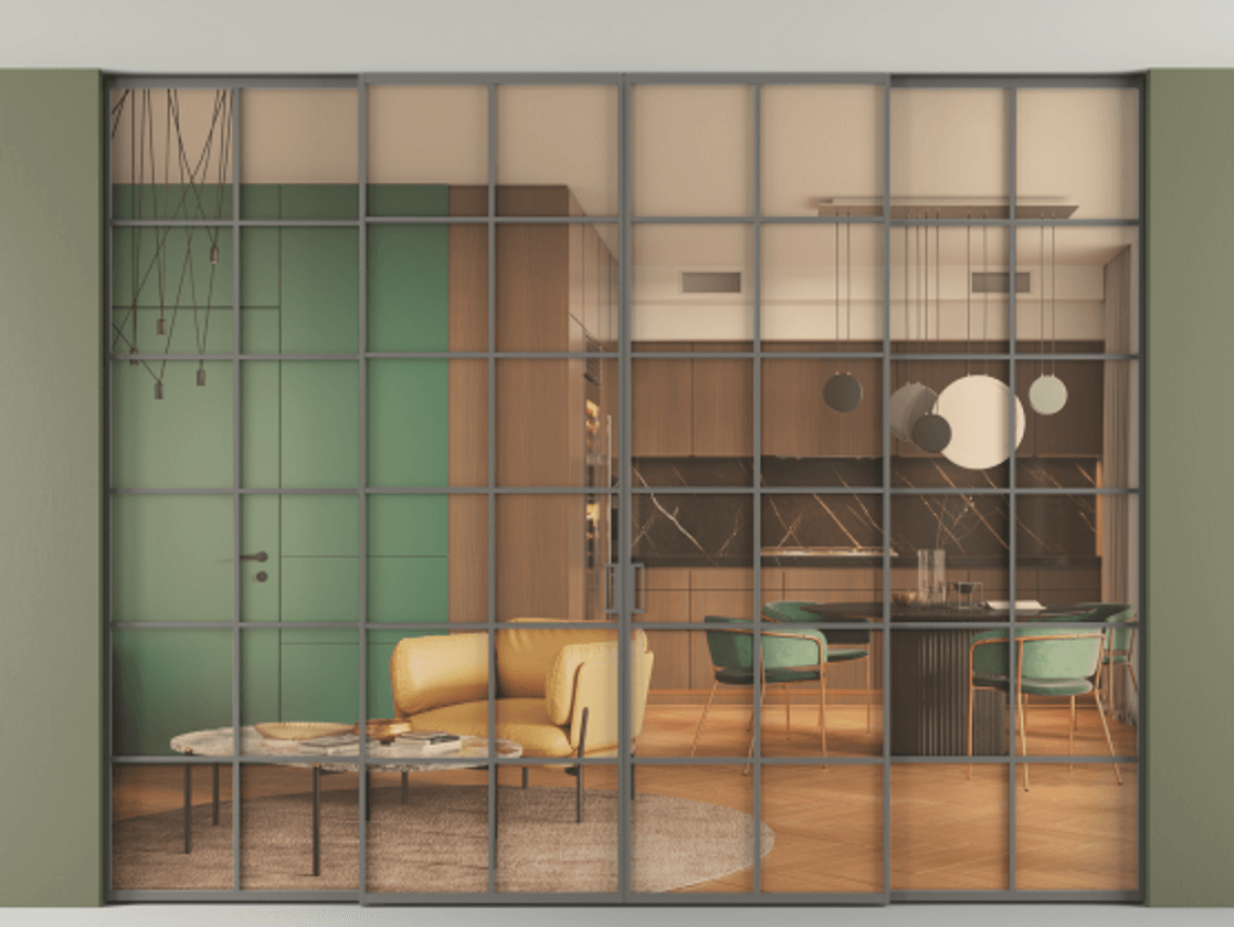 Перегородка Formato внутри проёма скрытое крепление в потолок 4 створки АЛПР 040.05 Алюминий классический серый Прозрачное оранжевое стекло, триплекс Цена 3267500 AMD | Volhovec