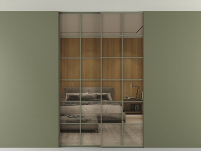 Алюминевая перегородка АЛПР 040.05_АОТ_Stopsol Bronze_new. Цвет Алюминий оливковый тёмный. Материал Алюминий в эмали. Коллекция Перегородка Formato внутри проёма двустворчатая со скрытым креплением в потолок. Картинка.