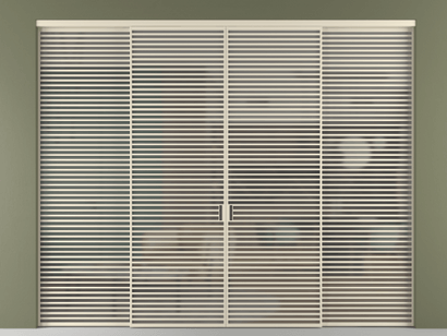 Алюминевая перегородка vn2+2_07_ Алюминий бежево-серый Серый сатин матовое. Цвет Алюминий бежево-серый. Материал Алюминий в эмали. Коллекция Перегородка Formato внутри проёма четырёхстворчатая. Картинка.