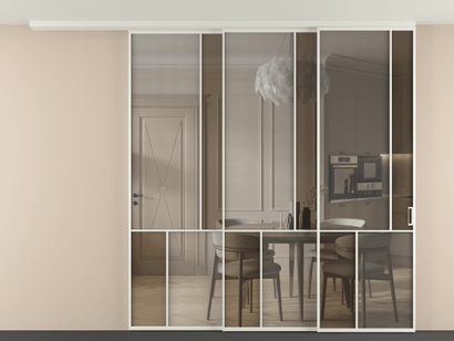 Алюминевая перегородка vdt3_1 БЕЛ. Цвет Алюминий Белый. Материал Алюминий. Коллекция Перегородка Mosaic вдоль стены телескопик синхро 3. Картинка.