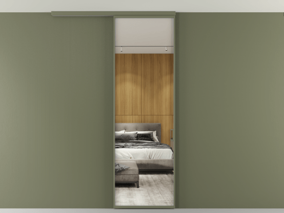 Алюминевая перегородка АЛПР 040.01_АОТ_Зеркало триплекс_new. Цвет Алюминий оливковый тёмный. Материал Алюминий в эмали. Коллекция Перегородка Formato вдоль стены на потолок 1 створка. Картинка.