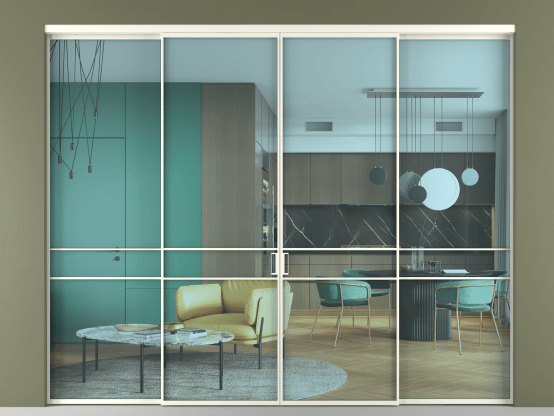 Алюминевая перегородка АЛПР 040.02_АЖМ_ПРОЗ ГОЛ_new. Цвет Алюминий жемчужный. Материал Алюминий в эмали. Коллекция Перегородка Formato внутри проёма 4 створки. Картинка.