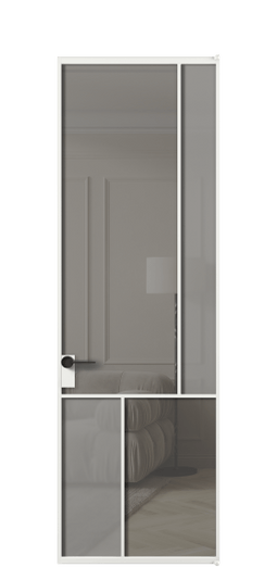 Дверь межкомнатная АЛПЛ041.21 АБЛ Серый сатин матовое + Серый прозрачное. Цвет Алюминий белоснежный. Материал Алюминий в эмали. Коллекция Mosaic. Картинка.