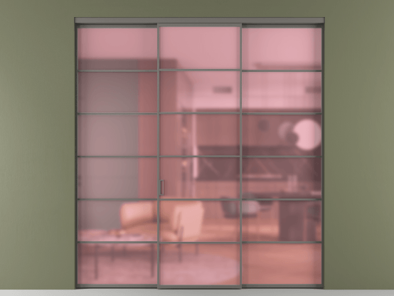 Алюминевая перегородка АЛПР 040.04_АКЛС_САТ РОЗ_new. Цвет Алюминий классический серый. Материал Алюминий в эмали. Коллекция Перегородка Formato внутри проёма 3 створки. Картинка.