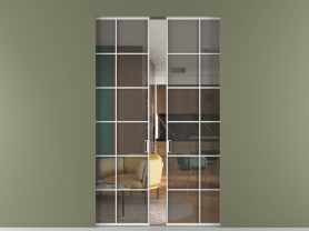 Алюминевая перегородка АЛПР 040.05 МБЛ Серый триплекс. Цвет Алюминий белоснежный. Материал Алюминий в эмали. Коллекция Перегородка Formato скрытый пенал 2 створки. Картинка.