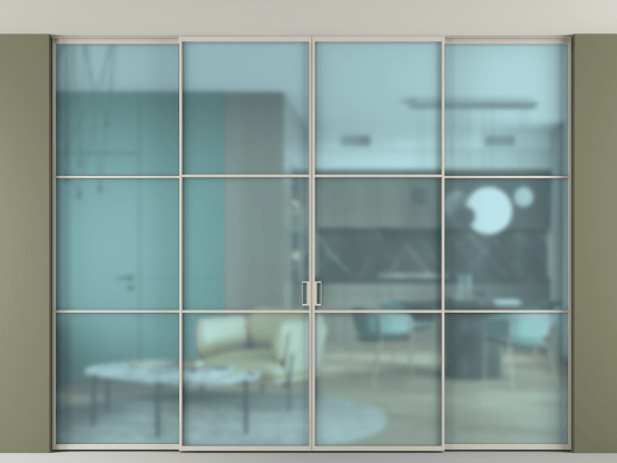 Алюминевая перегородка АЛПР 040.03_АСБЖ_САТ ГОЛ_new. Цвет Алюминий светло-бежевый. Материал Алюминий в эмали. Коллекция Перегородка Formato внутри проёма скрытое крепление в потолок 4 створки. Картинка.