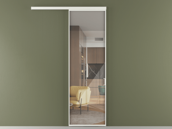 Алюминевая перегородка vd1_01_ Алюминий светло-серый Stopsol Clear. Цвет Алюминий светло-серый. Материал Алюминий в эмали. Коллекция Перегородка Formato вдоль стены 1 створка. Картинка.