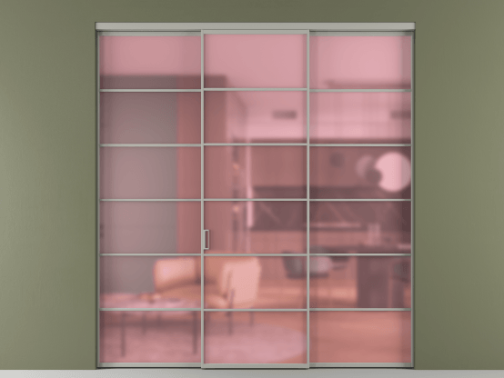 Алюминевая перегородка АЛПР 040.04_АНСР_САТ РОЗ_new. Цвет Алюминий нейтральный серый. Материал Алюминий в эмали. Коллекция Перегородка Formato внутри проёма 3 створки. Картинка.