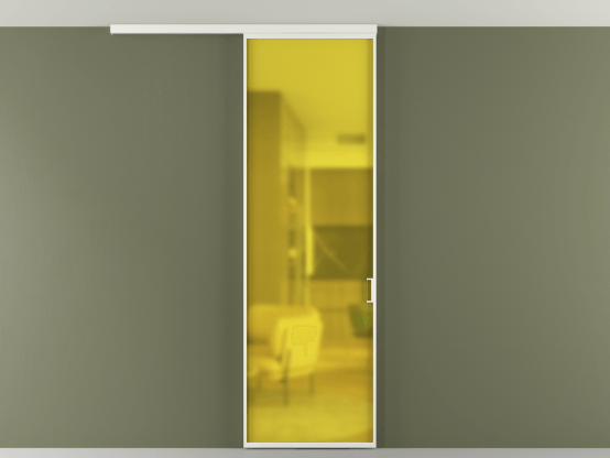 Алюминевая перегородка vd1_01 Алюминий светло-серый Сатинированное жёлтое стекло, триплекс, 6мм. Цвет Алюминий светло-серый. Материал Алюминий в эмали. Коллекция Перегородка Formato вдоль стены на потолок 1 створка. Картинка.