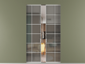 Алюминевая перегородка АЛПР 040.05 МБЛ Серый сатин триплекс. Цвет Алюминий белоснежный. Материал Алюминий в эмали. Коллекция Перегородка Formato скрытый пенал 2 створки. Картинка.