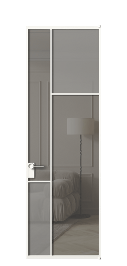 Дверь межкомнатная АЛПЛ041.11 БЕЛ Серый сатин матовое + Серый прозрачное. Цвет Алюминий Белый. Материал Алюминий. Коллекция Mosaic. Картинка.