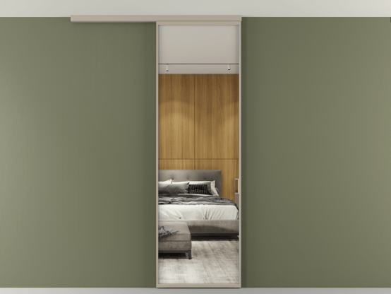 Алюминевая перегородка АЛПР 040.01_АБСК_Зеркало триплекс_new. Цвет Алюминий бисквитный. Материал Алюминий в эмали. Коллекция Перегородка Formato вдоль стены на потолок 1 створка. Картинка.