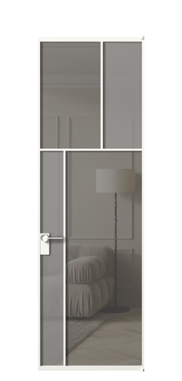 Дверь межкомнатная АЛПЛ041.22 БЕЛ Серый сатин матовое + Серый прозрачное. Цвет Алюминий Белый. Материал Алюминий. Коллекция Mosaic. Картинка.