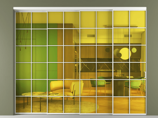 Алюминевая перегородка АЛПР 040.05_АБЛ_ПРОЗ ЖЕЛ_new. Цвет Алюминий белоснежный. Материал Алюминий в эмали. Коллекция Перегородка Formato внутри проёма 4 створки с синхронным механизмом. Картинка.