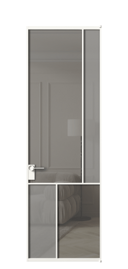Дверь межкомнатная АЛПЛ041.21 БЕЛ Серый сатин матовое + Серый прозрачное. Цвет Алюминий Белый. Материал Алюминий. Коллекция Mosaic. Картинка.