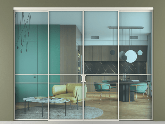 Алюминевая перегородка АЛПР 040.02_БЕЛ_ПРОЗ ГОЛ_new. Цвет Алюминий Белый. Материал Алюминий. Коллекция Перегородка Formato внутри проёма 4 створки. Картинка.