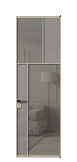 Дверь межкомнатная АЛПЛ041.22 АБСК Серый сатин матовое + Серый прозрачное. Цвет Алюминий бисквитный. Материал Алюминий в эмали. Коллекция Mosaic. Картинка.